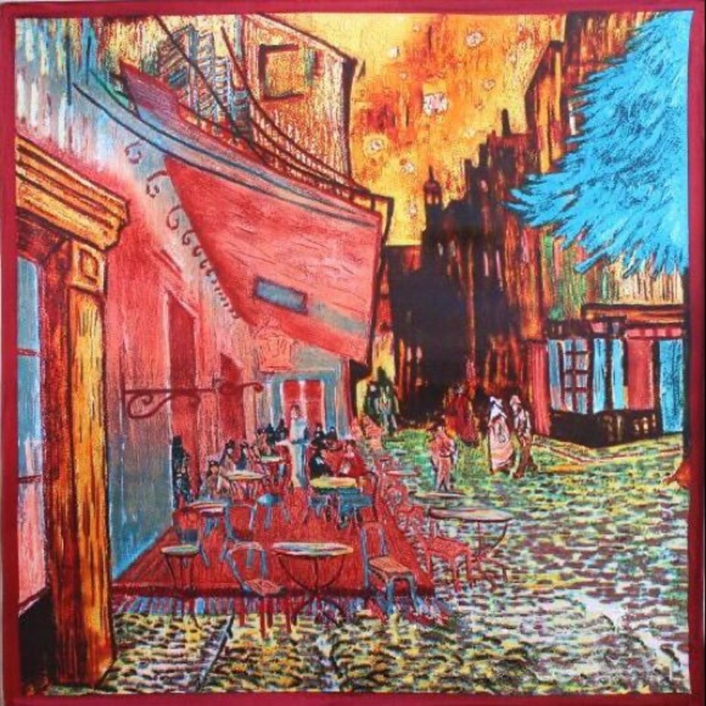 Pink "Cafe Terrace at Night” polyester satin $6.99 shipping 35" sq scarf NWOT